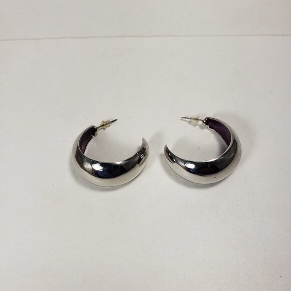 Women's Stylish Polished Silver tone Crescent / Half Hoop Drop Earrings, 1.25" - Picture 5 of 7